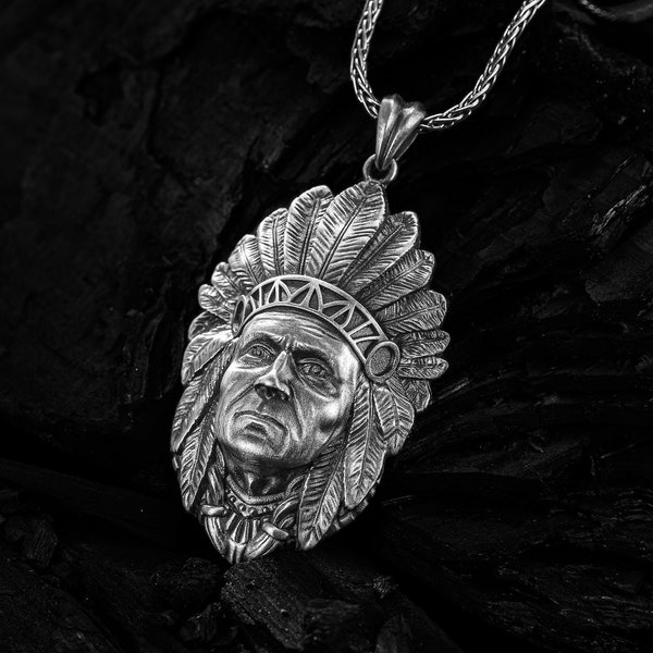 Warrior Tribal Chief Necklace, American Indian Men Pendant, 925 Sterling Silver Pendant and Chain, Silver Jewelry for Men, Gift for Father