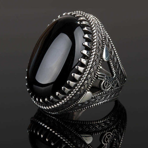 Bague faite à la main pour homme en onyx noir, bague vintage en pierre ovale, bague en argent pour homme, bague en argent faite à la main turque, style de signe ottoman, cadeau de fête des pères