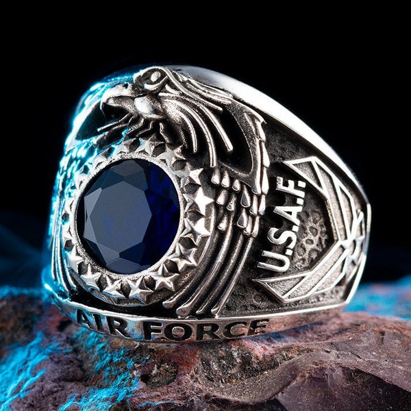 US Air Force Military Ring, USAF Blue Zircon Gemstone Ring, Men Handmade Ring, 925 Sterling Silver Ring, Eagle Engraved Ring, Gift for Him