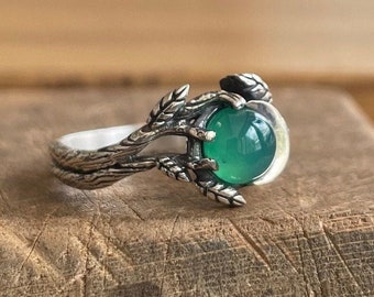 Handmade 925k Silver Women Ring, Ring with Green Gemstone, Floral Design Sterling Silver Ring, Silver Jewelry Gift for Girlfriend