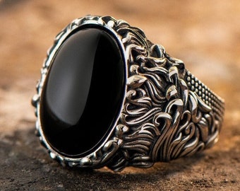 Mens handgemaakte ring, zwarte onyx edelsteen ring, mannen sterling zilveren ring, 925k zilveren mannen sieraden, mannen vintage ring, cadeau voor man