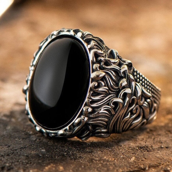 Anello fatto a mano da uomo, Anello con pietra preziosa di onice nero, Anello in argento sterling da uomo, Gioielli da uomo in argento 925k, Anello vintage da uomo, Regalo per il marito