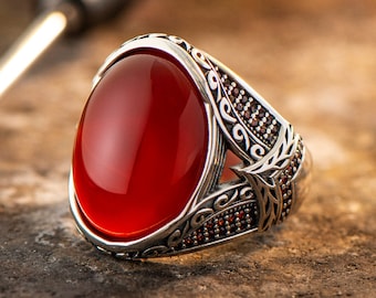 Men Handmade Ring, Red Agate 925 Silver Ring, Oval Aqeeq Gemstone Ring, Sterling Silver Ring, Men Jewelry, Men Vintage Ring, Father Day Gift