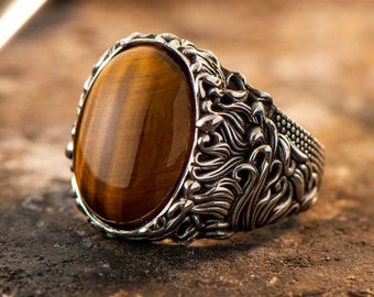 Details about   Men Engraved Gemstone Promise Ring Brown Tiger Eye Silver Cocktail Fancy Jewelry