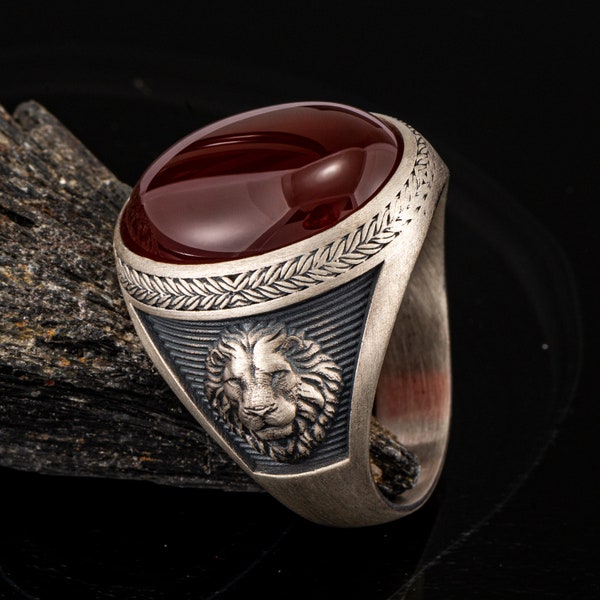 925 Sterling Silver Lion Head Ring, Oxidized Handmade Silver Ring, Red Agate Ring, Oval Gemstone Ring, Men Jewelry, Holiday Gift for Him