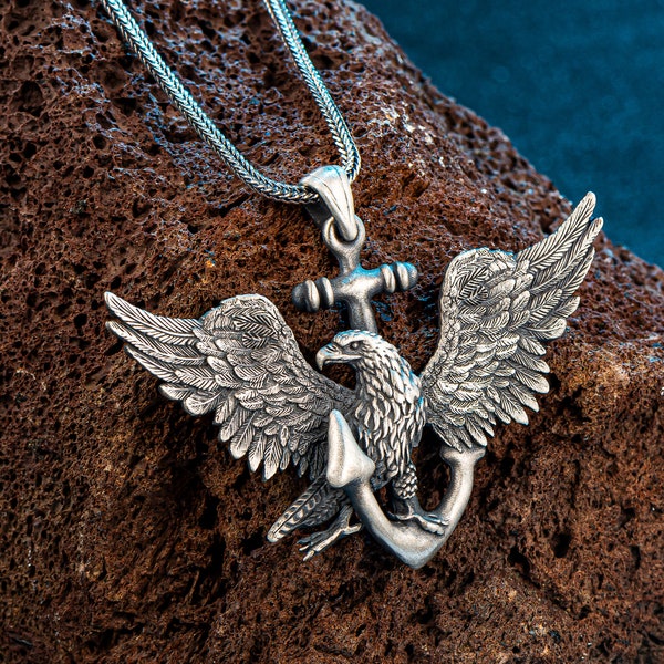 The United States Navy Symbol 925k Silver Necklace, Winged Eagle on Anchor Pendant, Men's Oxidized Eagle Pendant, American Eagle Necklace