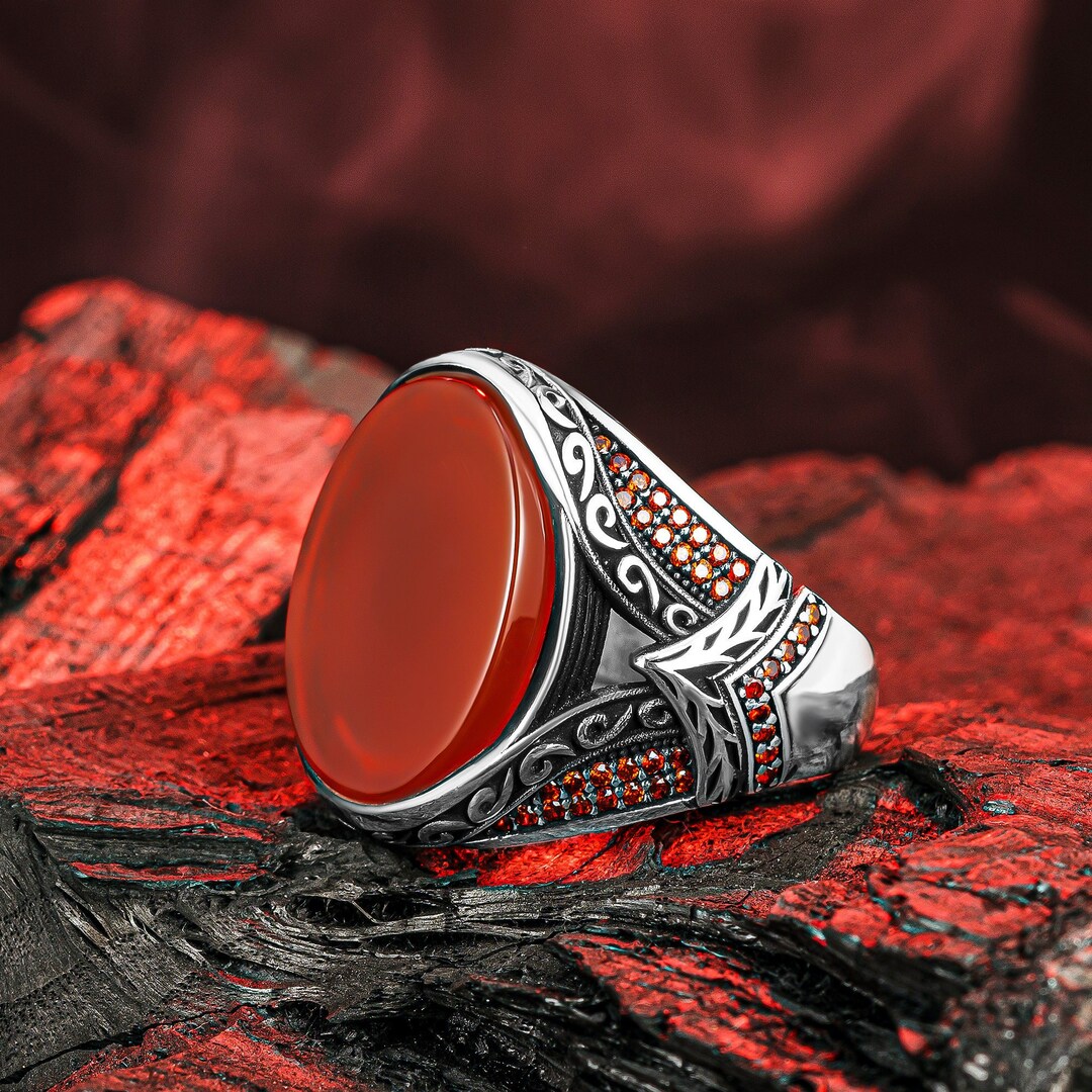 925 Sterling Silver Men Ring, Arrow Head Design Ring, Red Agate Ring, Cabachon Gemstone Silver