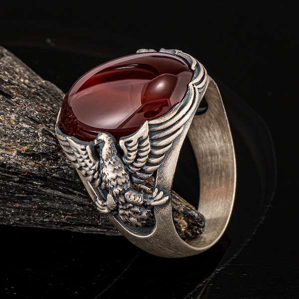 Silver Eagle Ring, Red Agate Men Ring, Oxidized Eagle Ring, 925 Sterling Silver Ring, Handmade American Eagle Mens Ring, Anniversary Gift