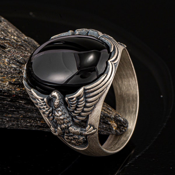 Sterling Silver Eagle Men Ring, Black Onyx Silver Men Ring, American Eagle with Black Gemstone Ring, Men Silver Jewelry, Gift for Father