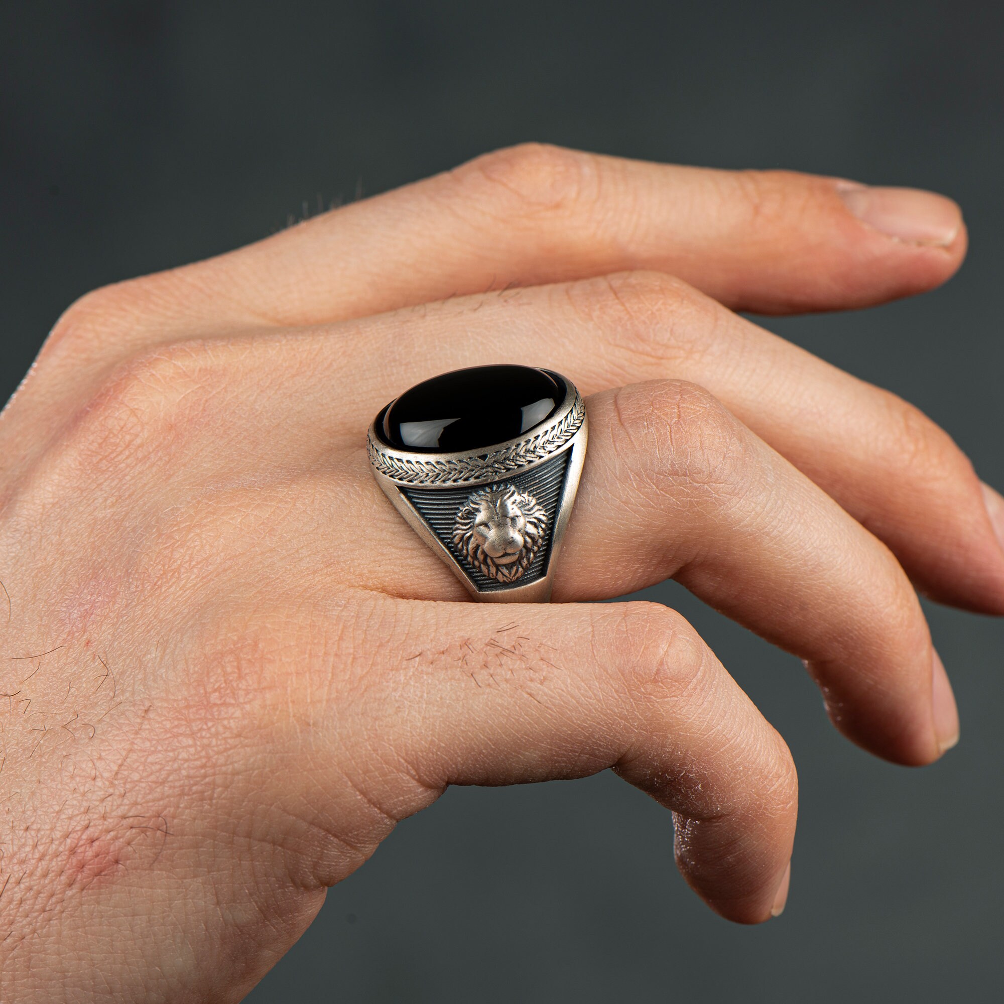 Lion Silver Men's Ring Oval Onyx Lion Head Ring Oxidized Etsy