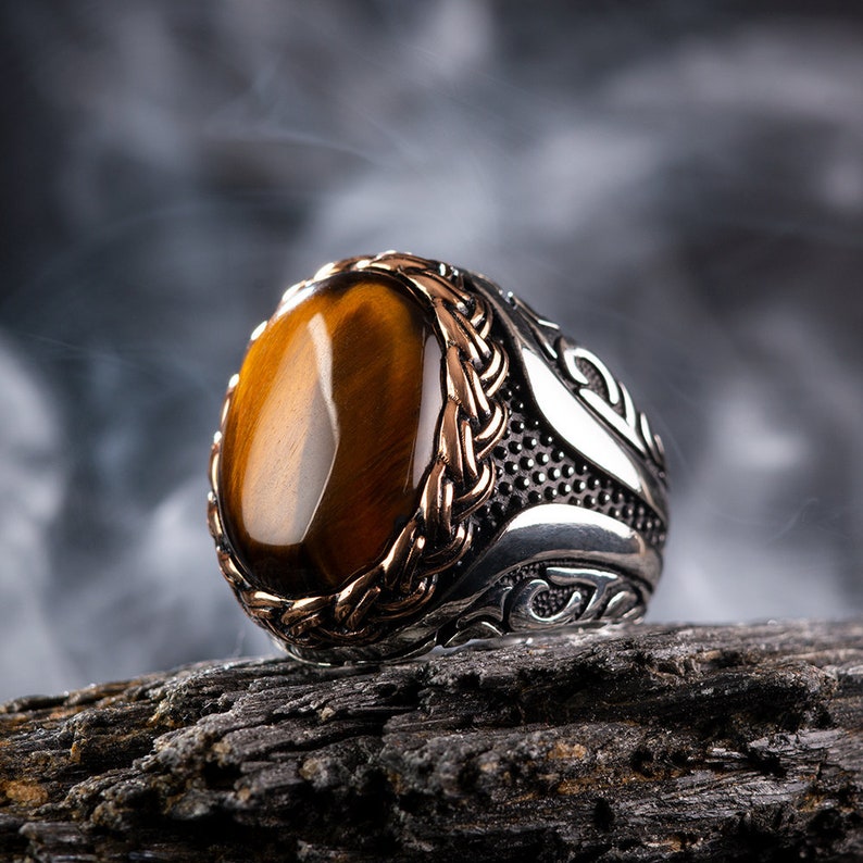 Tiger Eye Silver Men Ring, Brown Gemstone Handmade Mens Ring, 925 Sterling Turkish Silver Ring, Modern Style Holiday Gift for Him 