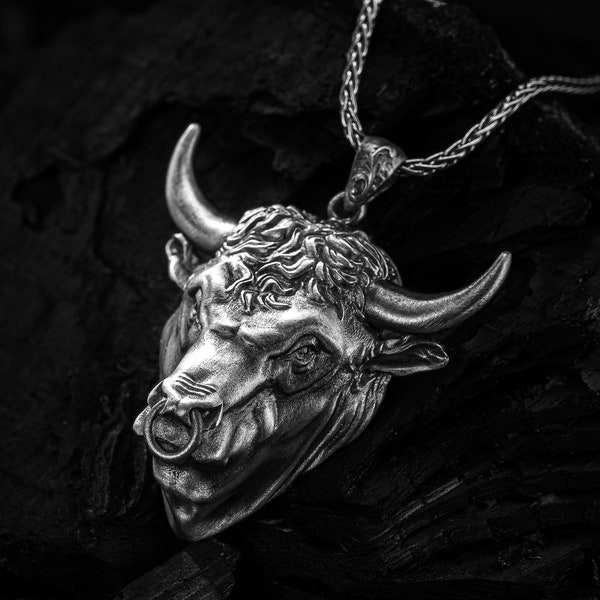 3D Bull Head Necklace, 925 Sterling Silver Chain and Pendant, Men and Women Silver Jewelry, Gift for a Taurus Boyfriend or Girlfriend