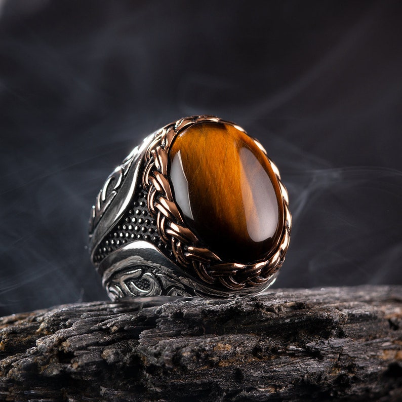 Tiger Eye Silver Men Ring Brown Gemstone Handmade Mens Ring Etsy
