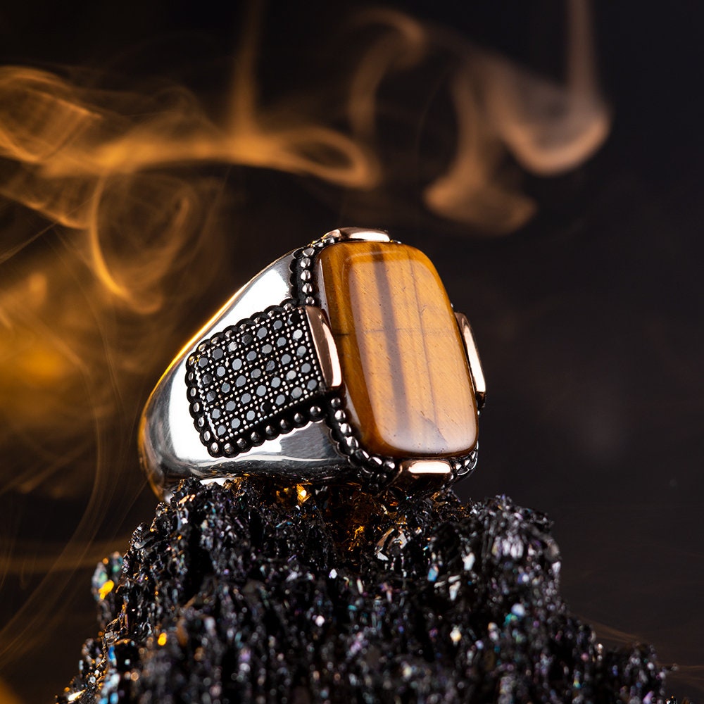 Tiger's Eye Gemstone Mens Ring 925 Sterling Silver Ring - Etsy