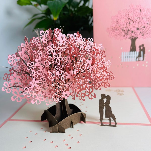 Couple Under Pink Blossom Tree - Pop Up 3D Card Love Kiss Wedding Anniversary Valentine's Day