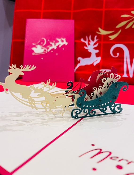 3D Pop Up Christmas Card - Santa On Sleigh Laser-Cut Greeting Card With Envelope