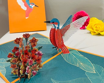 Kingfisher on Flowers - Pop Up 3D Card Birthday Fun Special Occasion