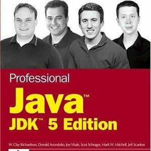 May include: A book cover with the title "Professional Java JDK 5 Edition" in yellow and red text. The cover features a photo of four men in black shirts. The book is published by Wrox.