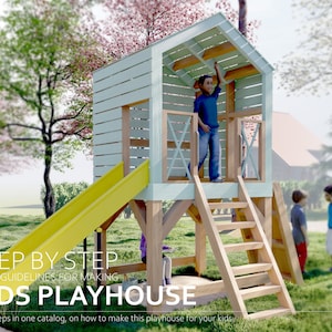 Playhouse plans, with a slide and climbing ramp,  step-by-step instructions, digital download, PDF file