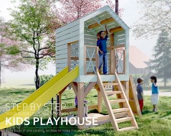 Playhouse plans, with a slide and climbing ramp,  step-by-step instructions, digital download, PDF file