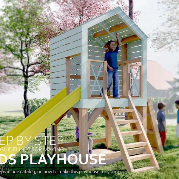 Playhouse plans, with a slide and climbing ramp,  step-by-step instructions, digital download, PDF file