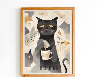 Coffee Cat wall Art print, digital wall print gift