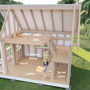 Playhouse plans, Two story playhouse with a slide, attick, secret room, and internal stairs, step-by-step instructions, digital download