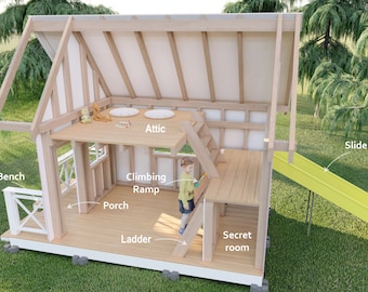 Playhouse plans, Two story playhouse with a slide, attick, secret room, and internal stairs, step-by-step instructions, digital download