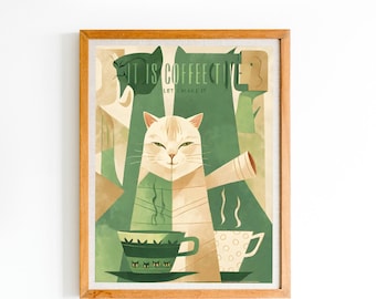 Coffee Cat wall Art print, digital wall print gift