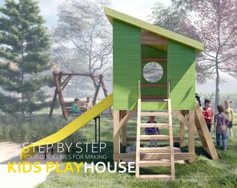 Playhouse plans 48 x50” with slide and climbing ramp, step-by-step instructions, digital download