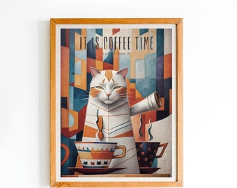 Coffee Cat wall Art print, digital wall print gift