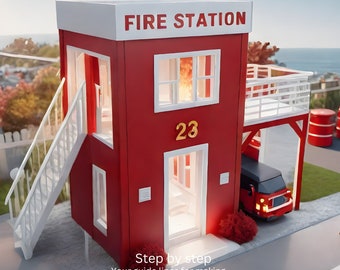 Playhouse plans, fire station playhouse, step-by-step instructions, instant digital download, PDF file.