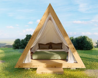 Bungalow tent plans, 9'9'' x 9' 10'', double bed, wooden deck, instant digital download