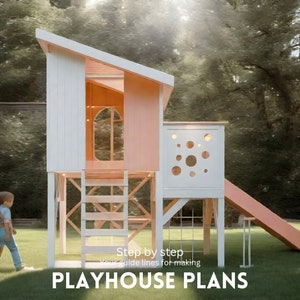 Playhouse plans for kids, 48 x50” with a porch, slide, swing, and climbing wall, step-by-step instructions, digital download