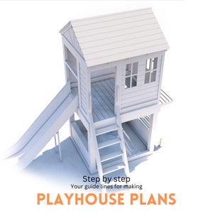 Playhouse plans, two story playhouse for kids with slide and sand box, step-by-step instructions, digital download, PDF file