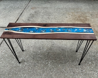 48" Walnut Accent Table w/ Teal Blue Resin River & Shell Inlays