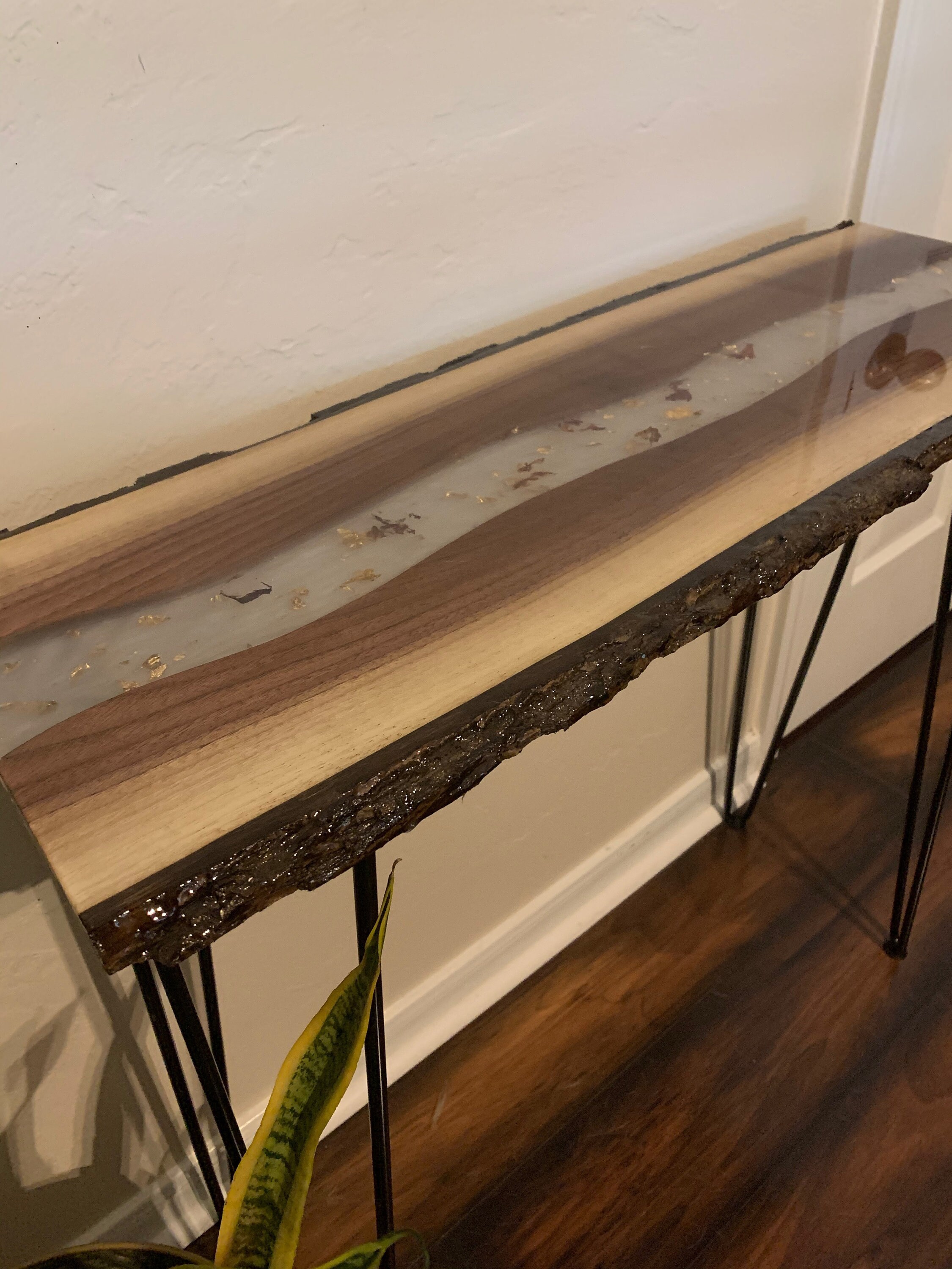 Walnut Live Edge Entryway Table W/ Gold Leaf Resin River - Etsy