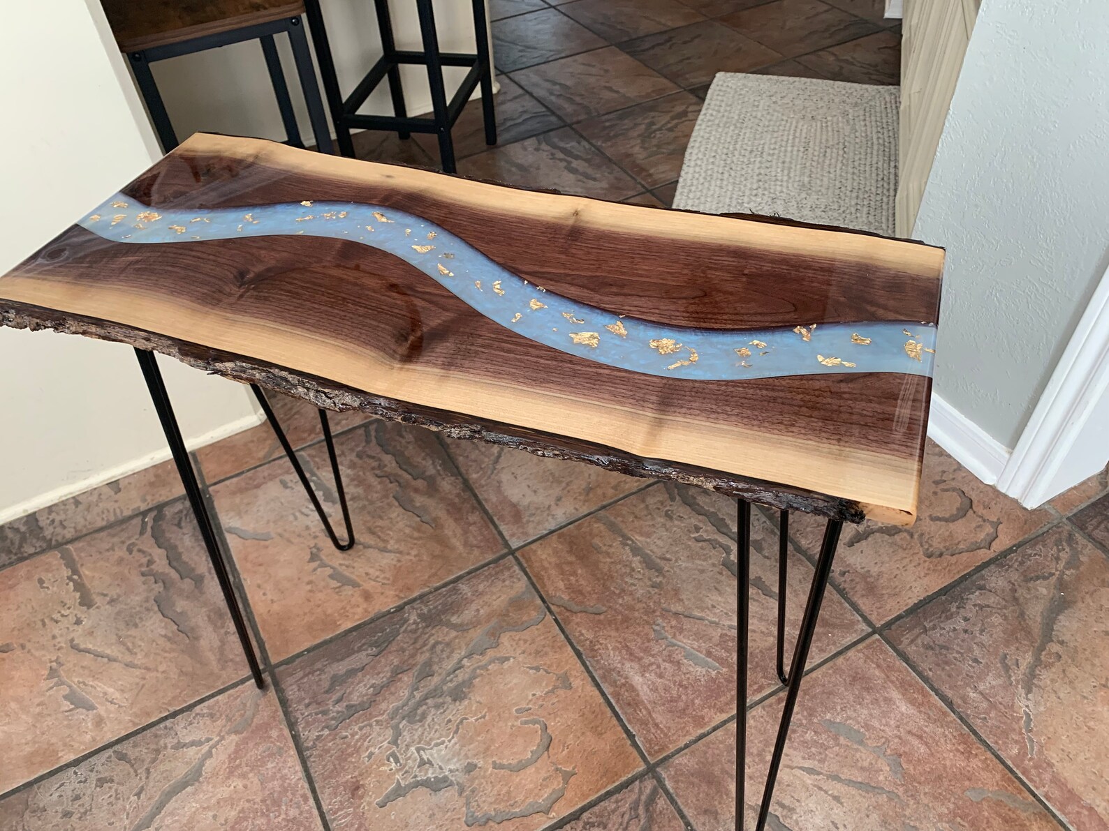 Walnut Live Edge Entryway Table W/ Gold Leaf Resin River Etsy