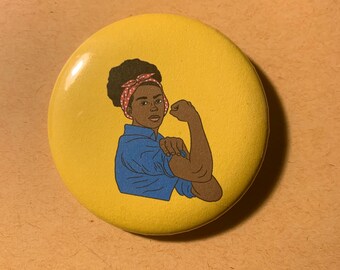 Black Rosie the Riveter Pinback Button 2-1/4 inch