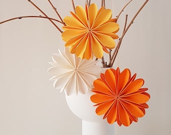 Paper flowers 3D / set of 3 / D 12 cm / colors: white, yellow, orange / summer decoration /g