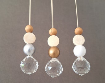 Suncatcher / Sun catcher / Glass crystal and wooden beads on waxed cord / Length: 64 cm