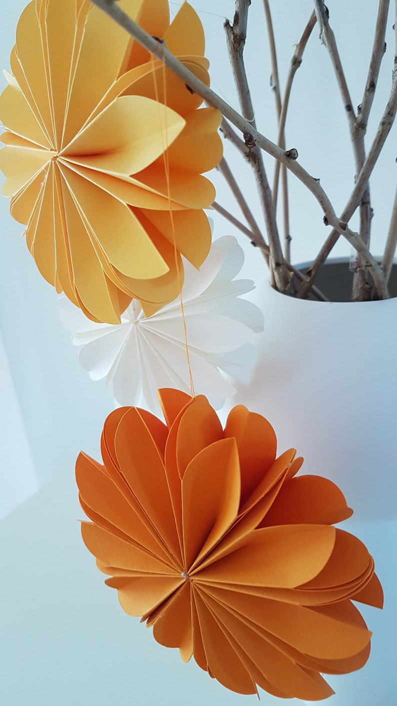 Paper flowers 3D / set of 3 / D 12 cm / colors: white, yellow, orange / summer decoration /g image 2