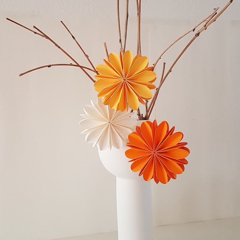 Paper flowers 3D / set of 3 / D 12 cm / colors: white, yellow, orange / summer decoration /g image 1