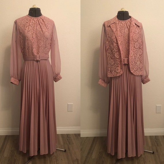 1970’s Pink dress with belt and lace dress