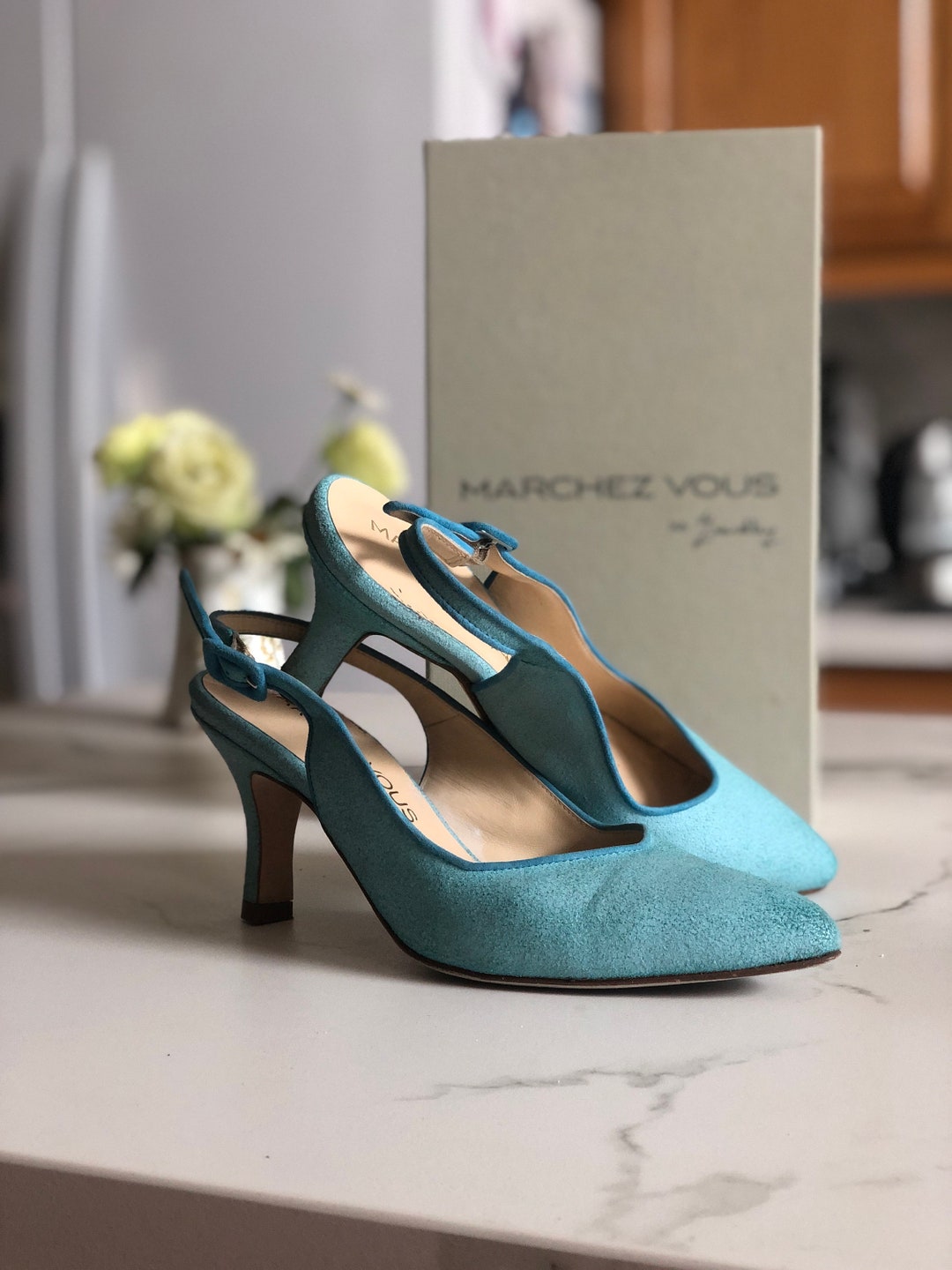 Marchez Vous Aqua Suede Slingbacks