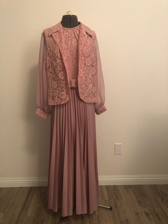 70's Belted Pink Dress with a Gold Sequined Neckline by Sibelle Of California main image 0