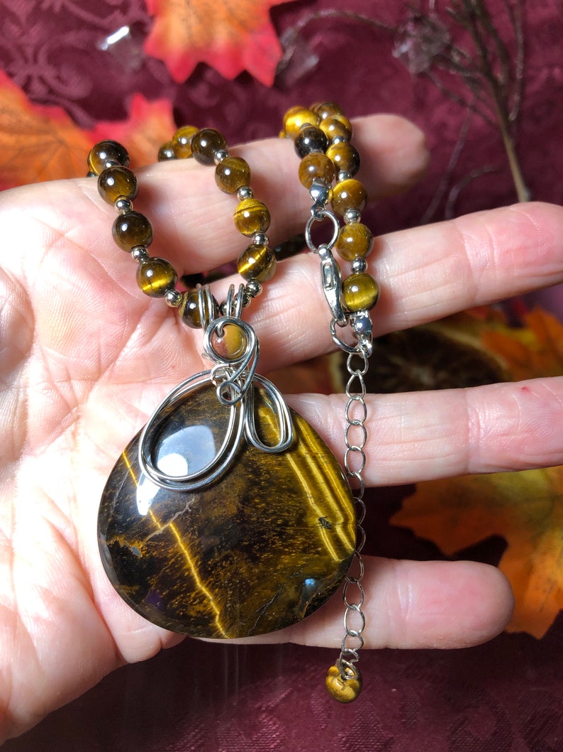 Tiger's Eye Cabochon Necklace: Silver Tone Wire Wrapped Pendant, Beaded ...