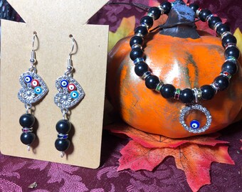 Black Onyx Evil Eye Bracelet & Earring Set: 925 Silver Hooks