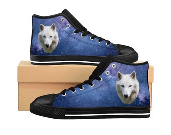 Galaxy Wolf Men's High-top Sneakers White Wolf Black Space Stars Trippy Shoes Hey Best Dog