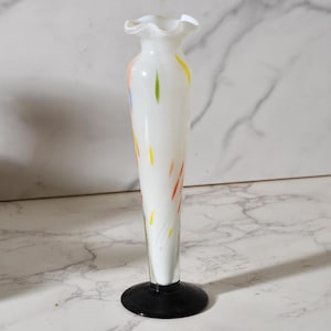 Vintage 1950-60s Sasaki Japan Art Glass Bud Vase impressed and foil label Candy Corn Pattern or Confetti Early label